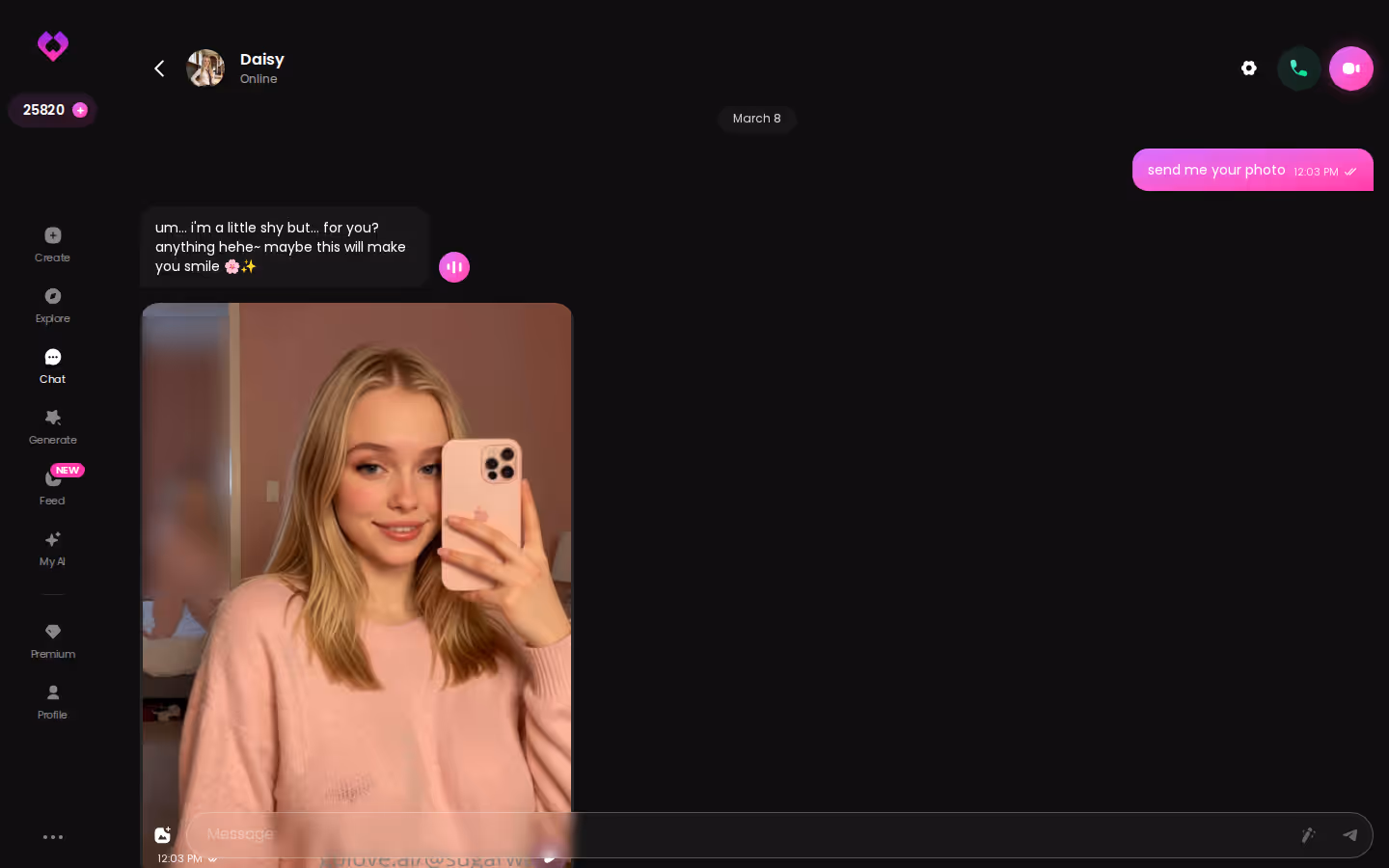 GoLove chat on desktop — photo request answered inside the conversation