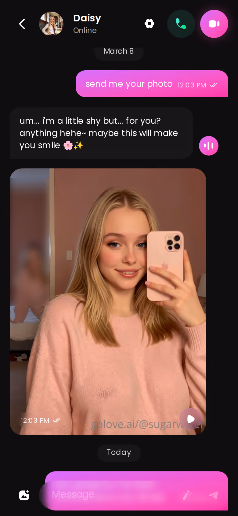 A GoLove.ai mobile chat thread with Sugar showing text, media and voice in one loop