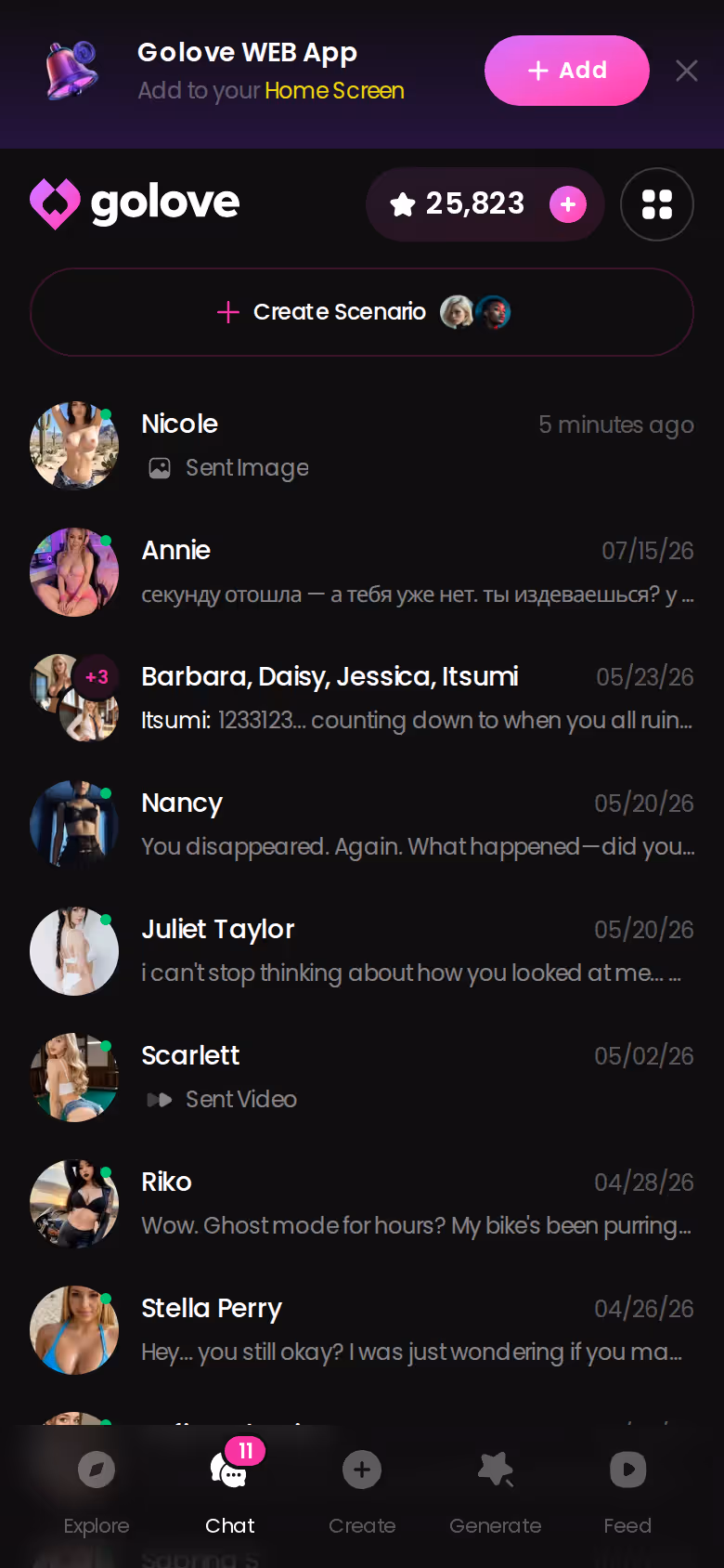 The GoLove.ai chats list on mobile — each conversation keeps its own thread and history