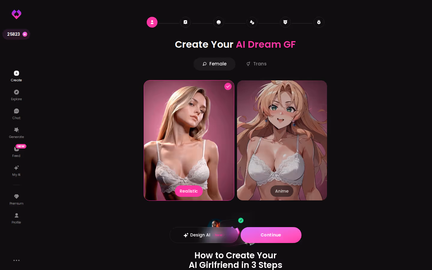 GoLove.ai Create wizard start screen with Realistic, Anime and Design with AI options