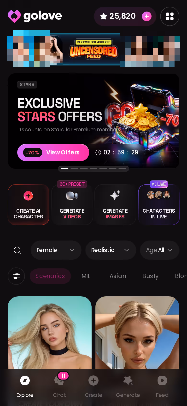 GoLove.ai Explore screen on mobile showing realistic AI girlfriend characters
