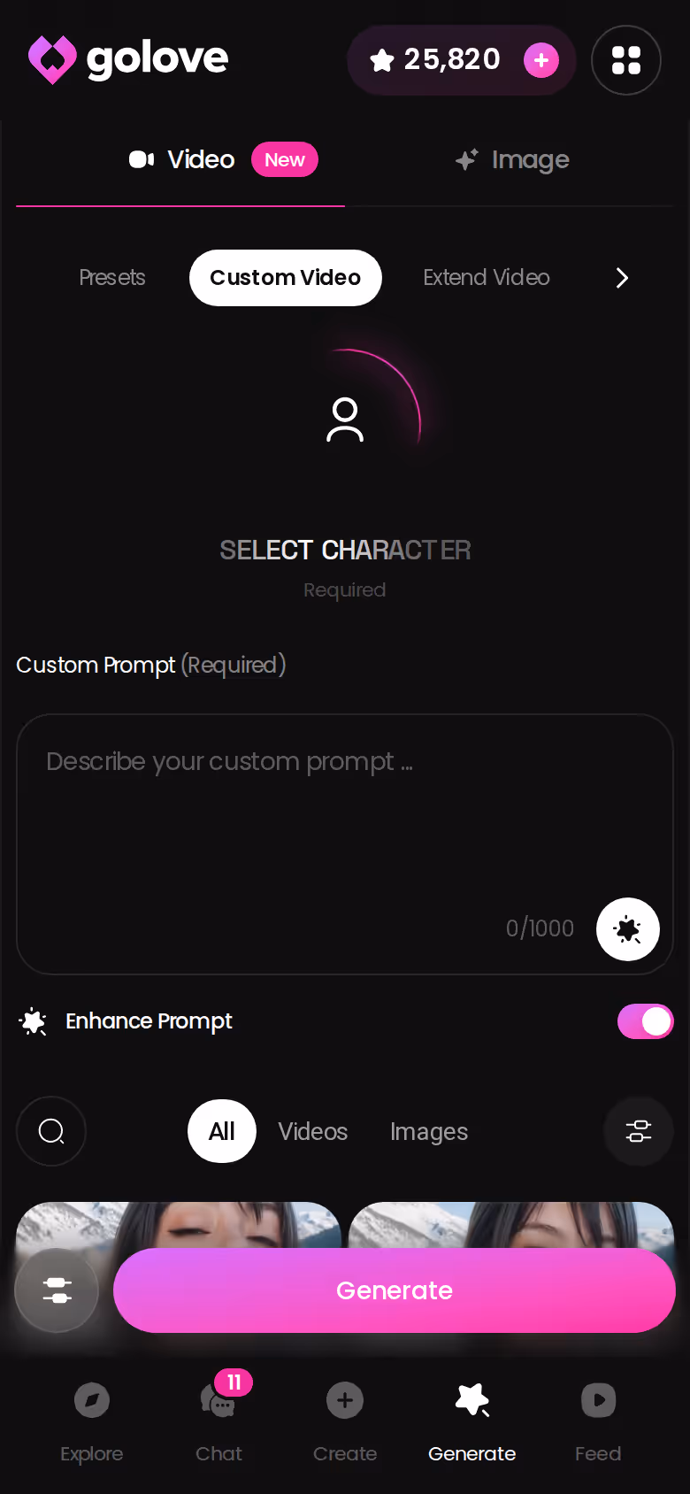 GoLove.ai video generator on mobile — preset cards for action, clothes and background
