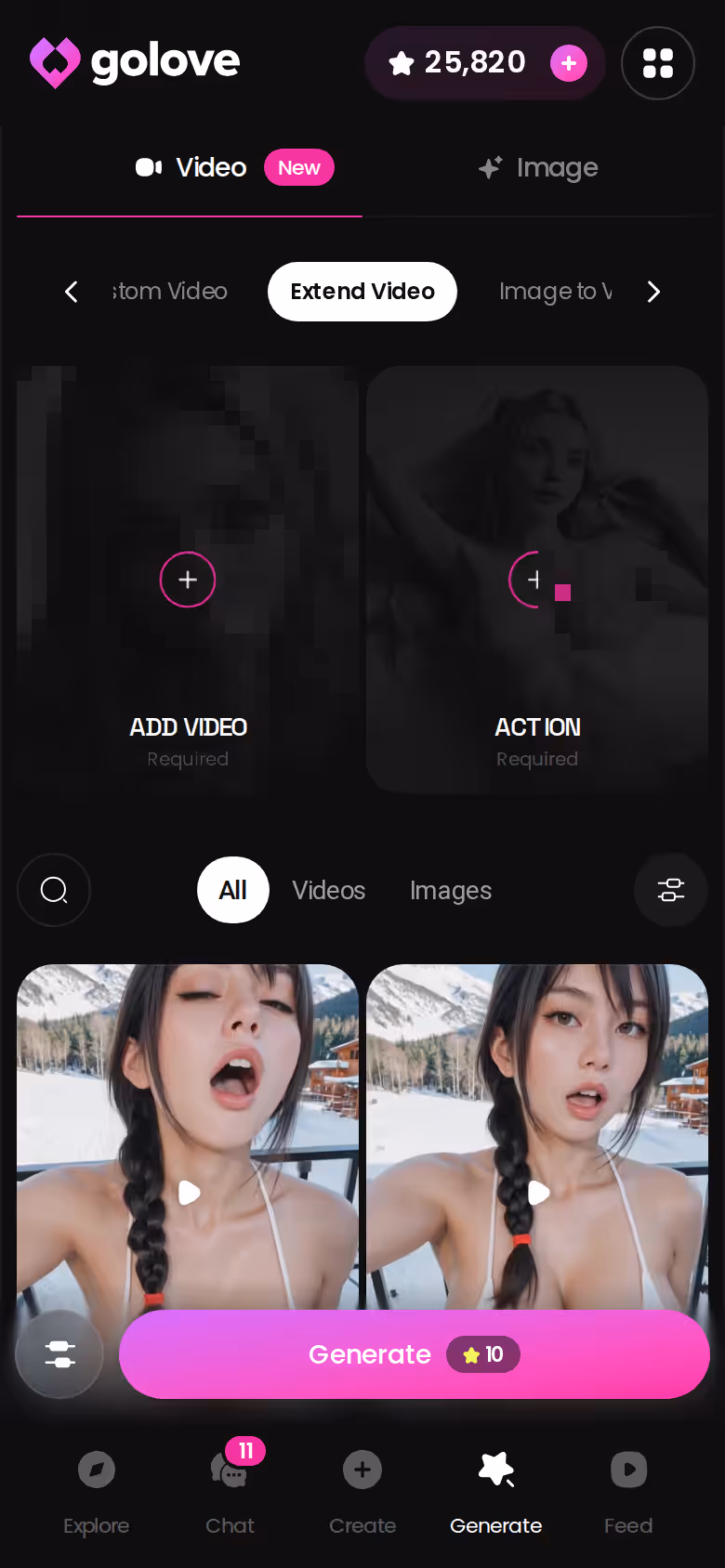 GoLove.ai video generator on mobile with the Extend Video option open