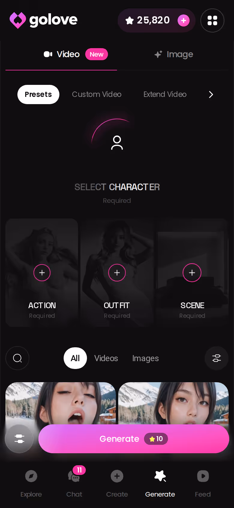 GoLove mobile generator hub — Video and Image tabs with the full preset set on a phone