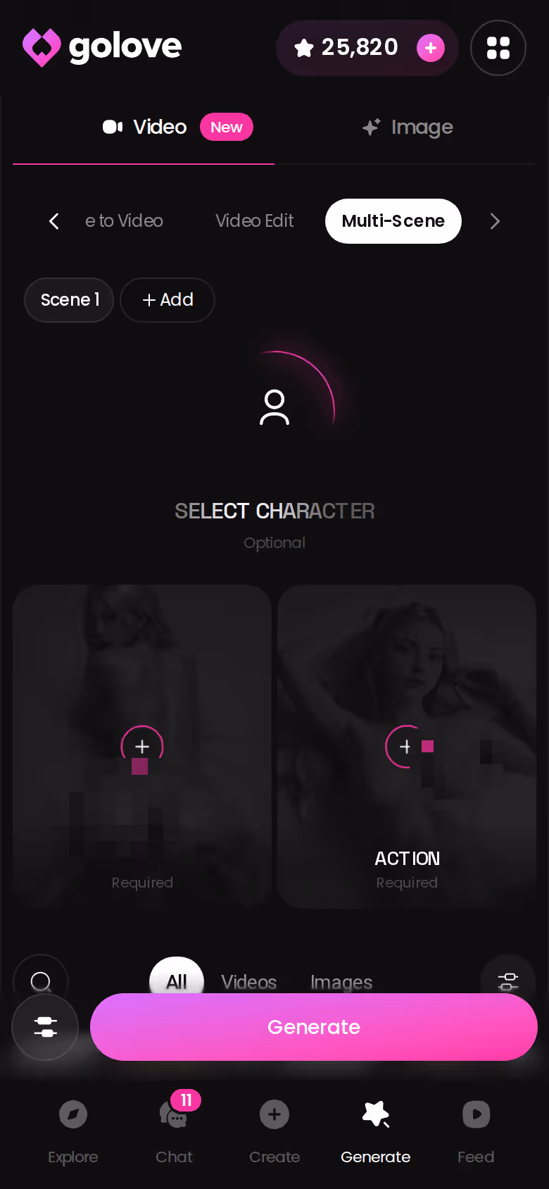 GoLove Multi Scene on mobile — assembling a video from several preset moments with the same character